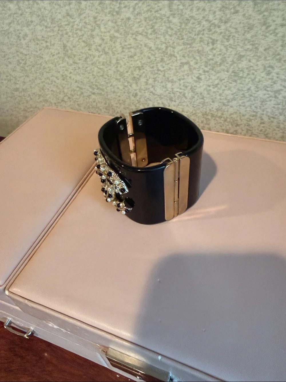 Black Jeweled Bangle Bracelet with Interlocking Logo Accent - Picture 4 of 5